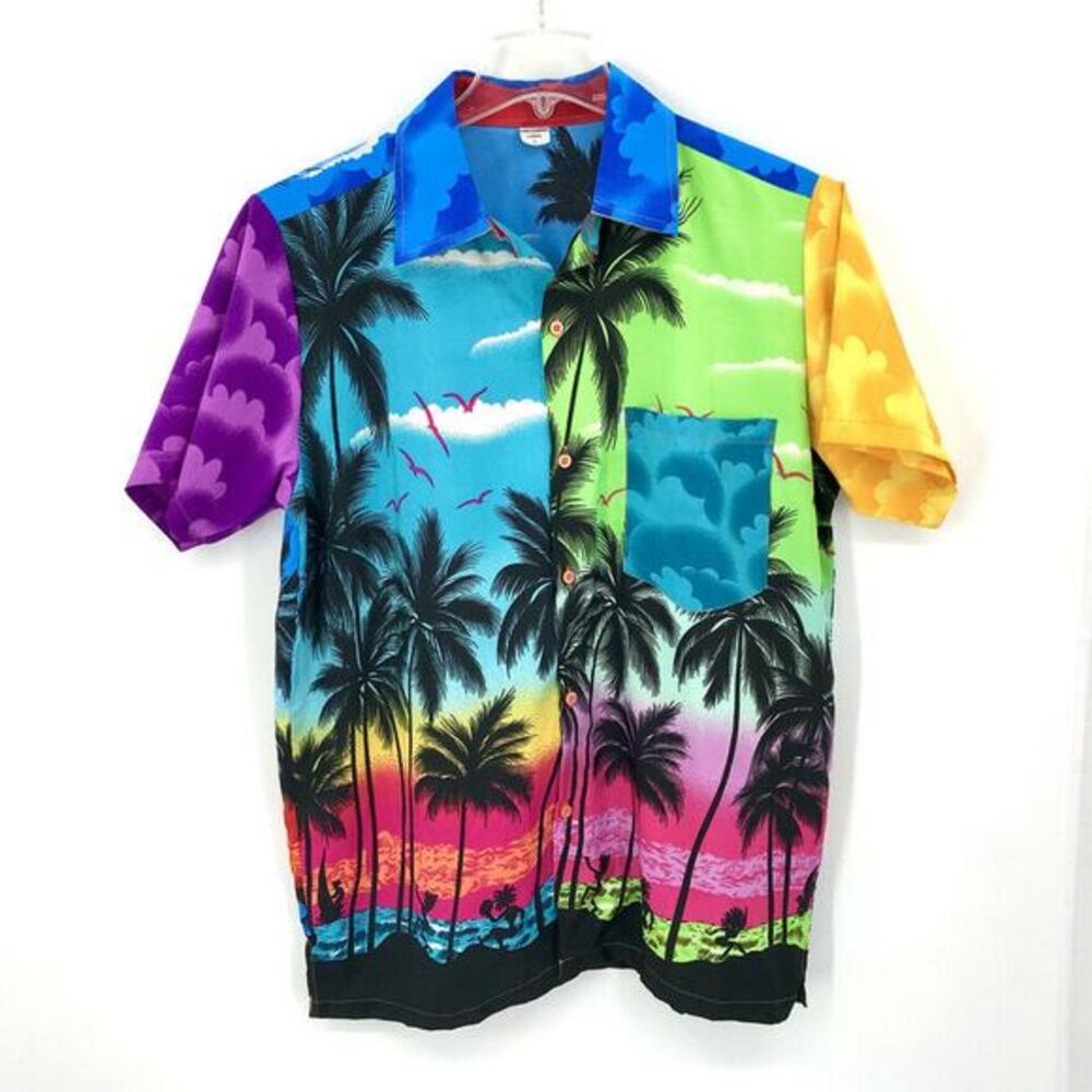 King Kameha Mens Hawaiian Shirt Short Sleeve Palm Trees Colorful‎ L